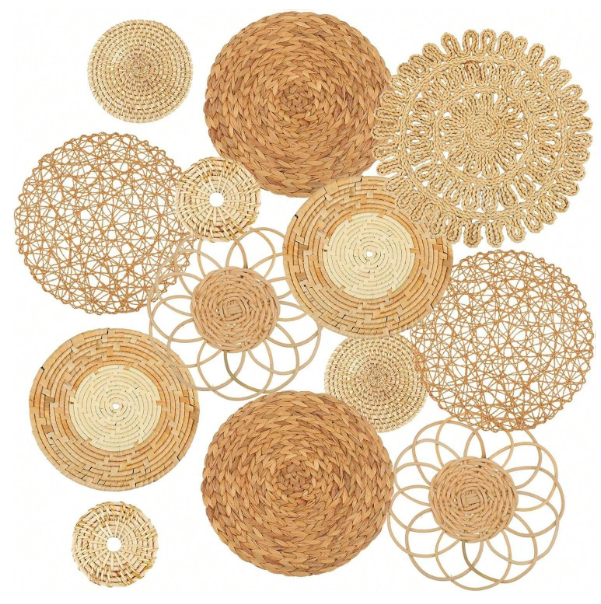 7 Styles Boho Wall Decor, Rattan Flower Basket, Diameter 13.8" to 3.1" Rattan and Seagrass Wall Decor Round Handmade Hanging