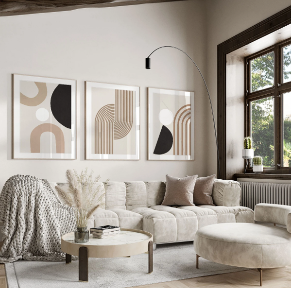 3 Pieces Unframed Modern Simple Abstract Lines Posters Geometric Beige Wall Art Paintings