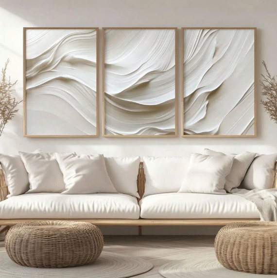 3 Pieces Simple Wall Art in Calm Beige Colors, Abstract Prints with Beige White Waves