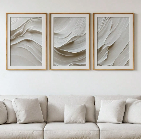3 Pieces Simple Wall Art in Calm Beige Colors, Abstract Prints with Beige White Waves