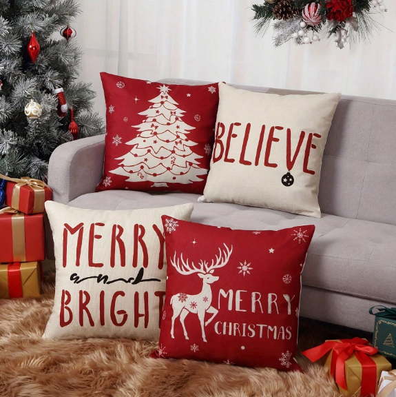 4 Pieces Christmas Pillow Covers, Deer Square Pillow Covers